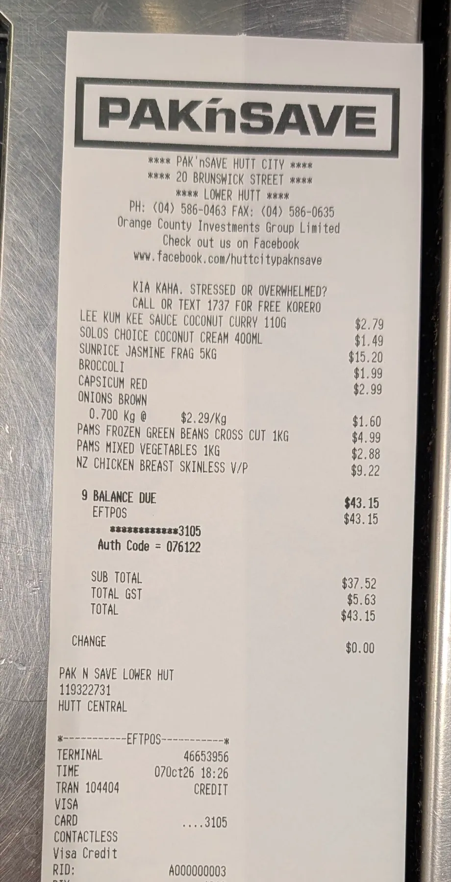 A PAK'nSAVE receipt for nine grocery items, $43.15 in total.